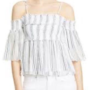 ATM Off Shoulder Cropped Top Size Small Smocked Gauzy White & Dark Gray Stripes